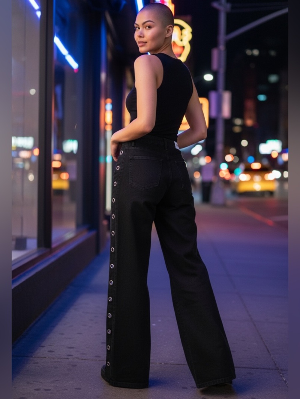 Windsor Black Flare Jeans with Silver Eyelet Trim